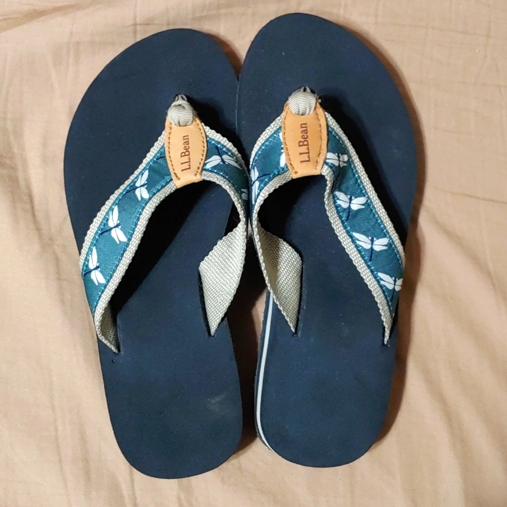 L.L.Bean Flip Flops Sandals Green Blue With Dragonflies Size 6 Medium